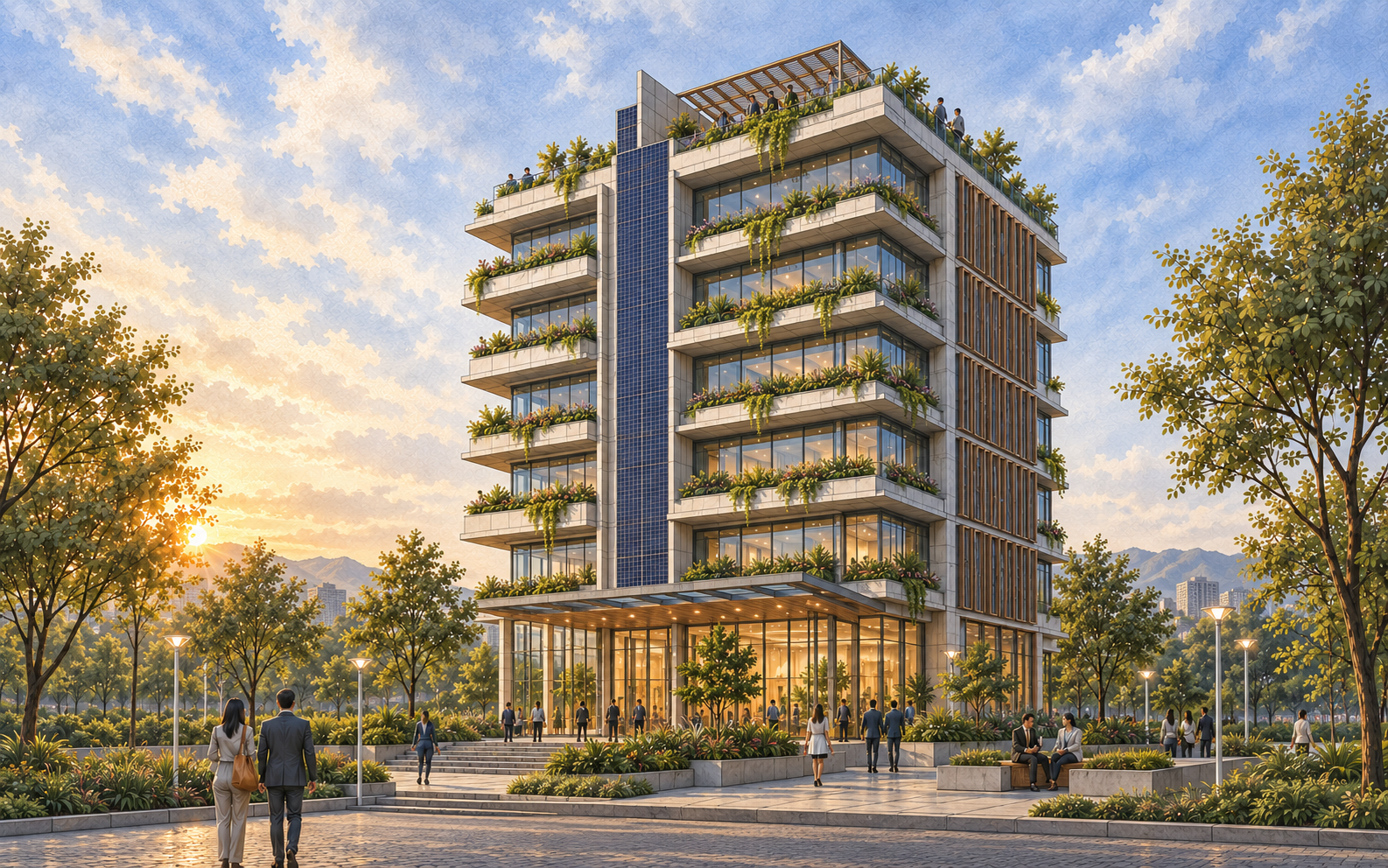 Ilustração conceitual de um edifício contemporâneo com vegetação integrada